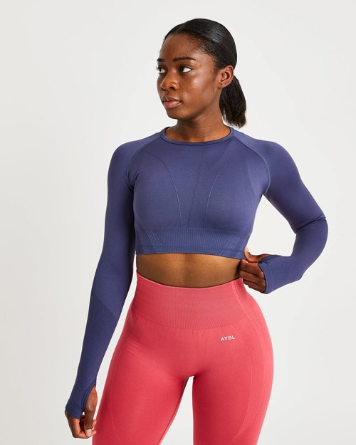 AYBL Balance V2 Seamless Long Sleeve Crop Top Azul Marino Azules | NSKVJDA-42