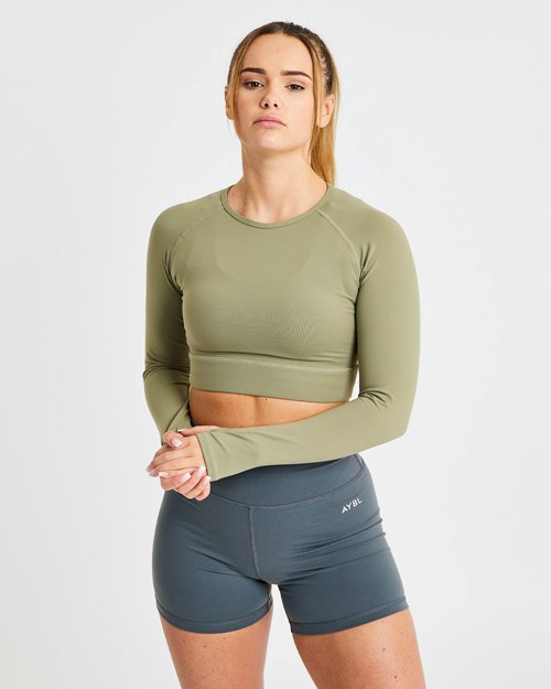 AYBL Core Long Sleeve Crop Top Verde Oliva | ZODWQTN-79