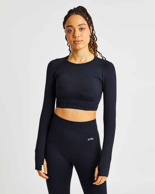 AYBL Elevate Seamless Long Sleeve Crop Top Negros | VYOUWPK-68