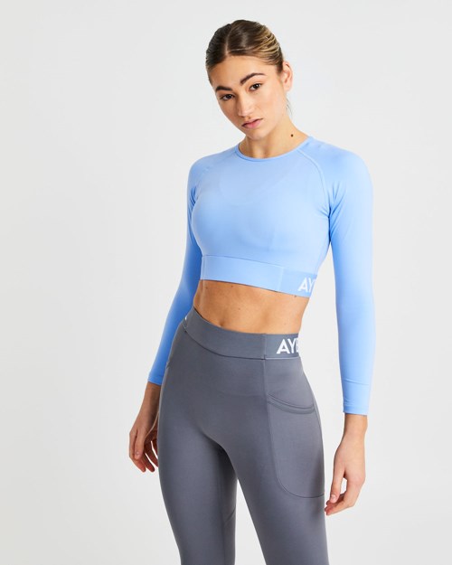AYBL Entrenamiento Long Sleeve Crop Top Azules | AMVGCFS-10