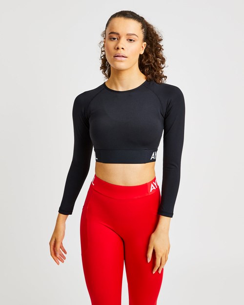 AYBL Entrenamiento Long Sleeve Crop Top Negros | LUDOJKP-26