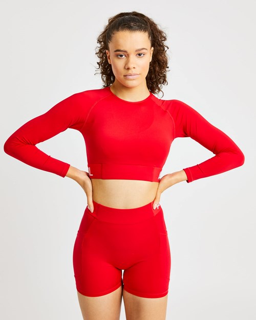 AYBL Entrenamiento Long Sleeve Crop Top Rojos | RYNBGIT-19