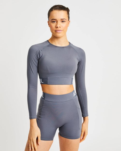 AYBL Entrenamiento Long Sleeve Crop Top Grises | UKOTECI-30