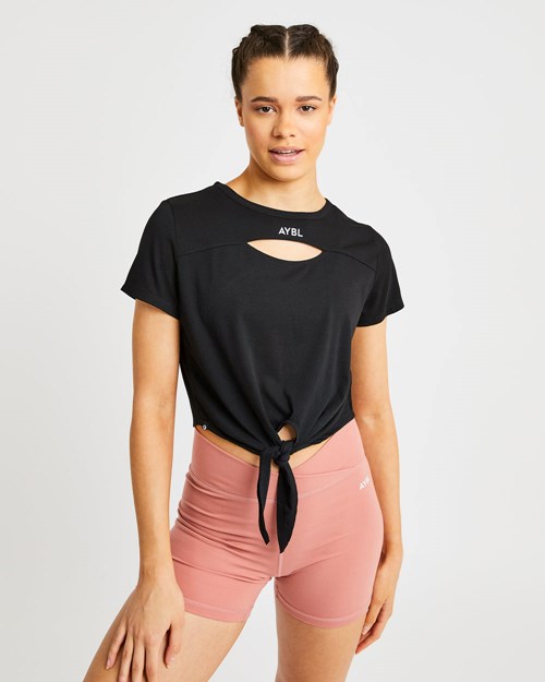 AYBL Essence Tie Front T Shirt Negros | XUANIWC-04