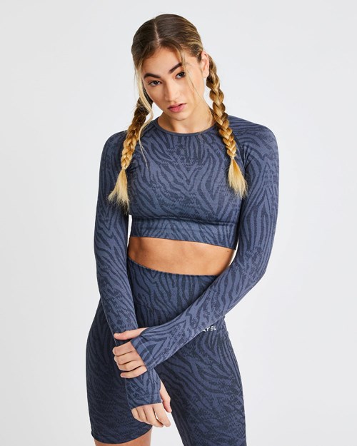 AYBL Evolve Animal Seamless Long Sleeve Crop Top Azules | MROAKSU-12
