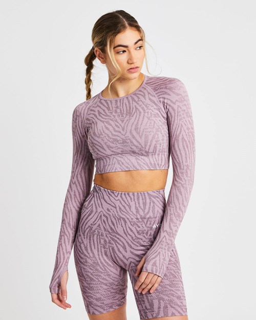 AYBL Evolve Animal Seamless Long Sleeve Crop Top Mauve Lilac | TMBEHZI-78