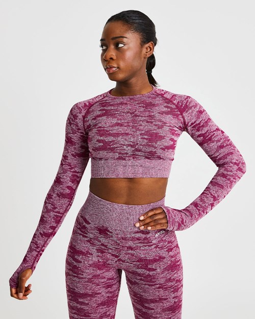 AYBL Evolve Camo Seamless Long Sleeve Crop Top Vino | AXESNTW-46