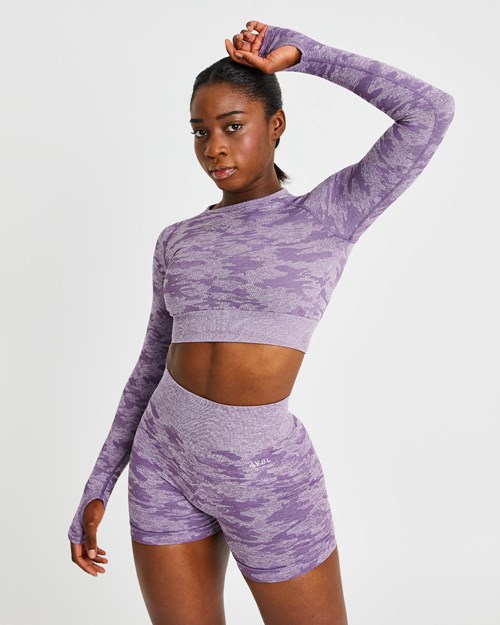 AYBL Evolve Camo Seamless Long Sleeve Crop Top Plum | URVHQSL-05