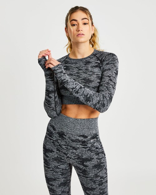 AYBL Evolve Camo Seamless Long Sleeve Crop Top Negros | XKBHUTP-83
