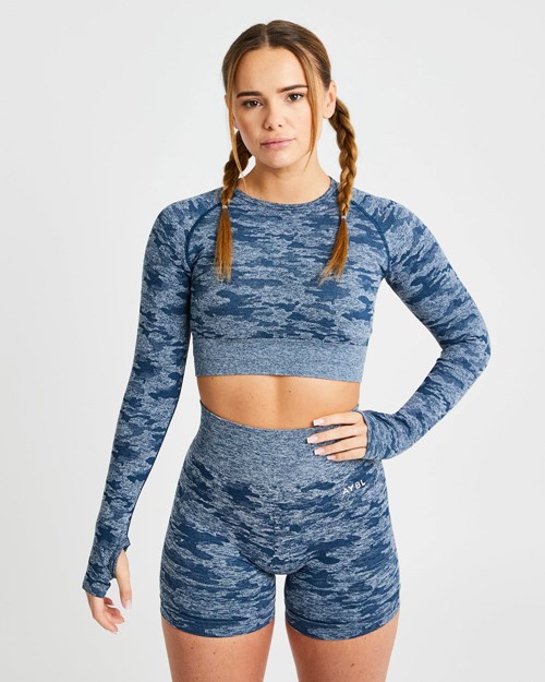 AYBL Evolve Camo Seamless Long Sleeve Crop Top Teal | YBIERNG-49