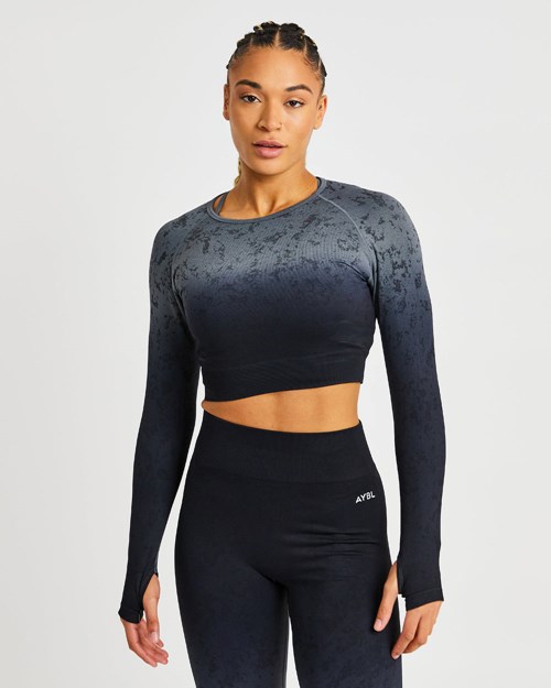 AYBL Flare Seamless Long Sleeve Crop Top Negros | XNVCBFM-98