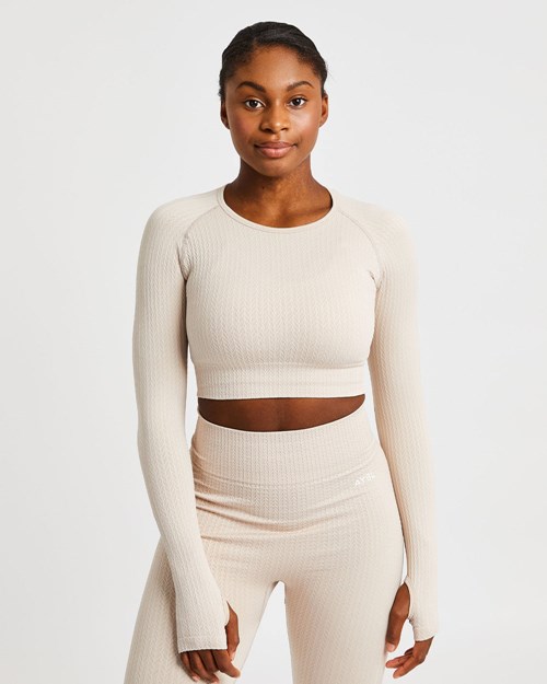 AYBL Luxe Seamless Long Sleeve Crop Top Sand | RHVUMPD-04