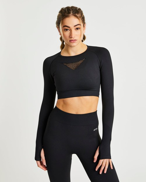 AYBL Motion Seamless Long Sleeve Crop Top Negros | MFXLEBV-62