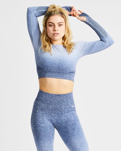 AYBL Pulse Ombré Seamless Long Sleeve Crop Top Azul Marino | VWHATMI-24