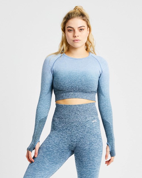 AYBL Pulse Ombré Seamless Long Sleeve Crop Top Teal | ZYIFEQU-58