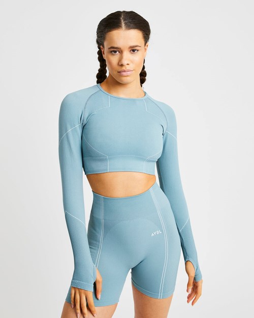 AYBL Reflex Seamless Long Sleeve Crop Top Teal | NMCVSGA-07