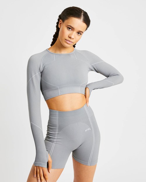AYBL Reflex Seamless Long Sleeve Crop Top Grises | SOJNTRM-05