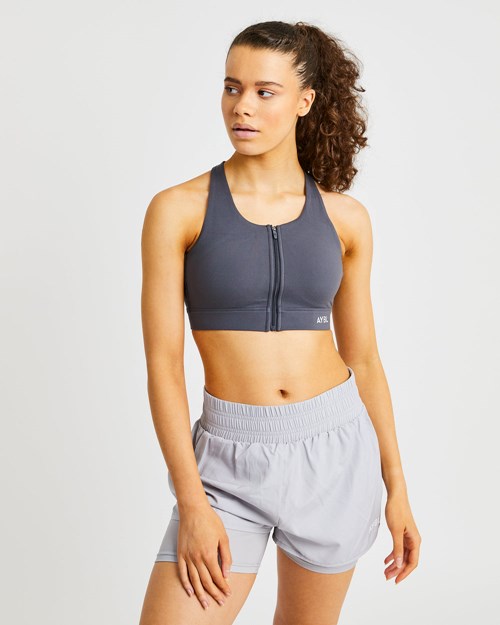 AYBL Sportive Zip Up Sports Bra Charcoal | HMNADFJ-76