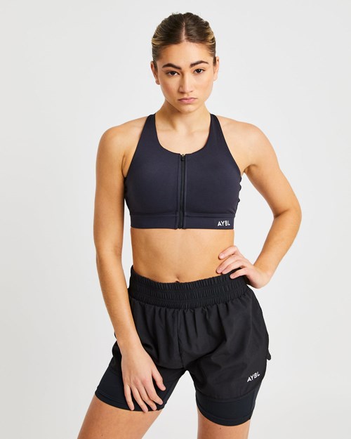 AYBL Sportive Zip Up Sports Bra Negros | QRSZWOX-13